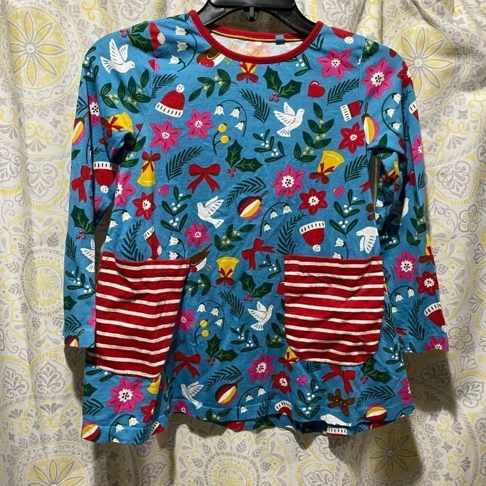 Mini Boden Christmas Pocket Tunic Blue/RedMulti EUC 8-9